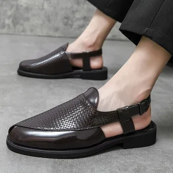 Erkek Sandalet Dokuma Desen PU Dikiş İçi boş Kare Toka Rahat Moda Yaz erkek ayakkabısı