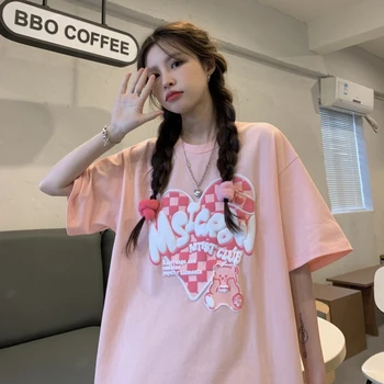 Kadın T-shirt Üstleri Japon Kawaii Ulzzang Retro Ins Ayı Mektup Baskı Gevşek Gömlek Kadın Kore Harajuku Giyim Kadınlar İçin