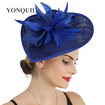 Kraliyet Mavi Moda Şık Saç Bayanlar Fascinator şapka saç bandı Gelin Kokteyl Düğün Şapkalar Firkete Fantezi Tüy saç aksesuarı