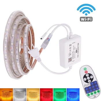 AC220V LED şerit ışık uzaktan WiFi kontrolü LED bant ışık su geçirmez 5050 60 LEDs / m beyaz sıcak beyaz kırmızı yeşil mavi şerit diyot