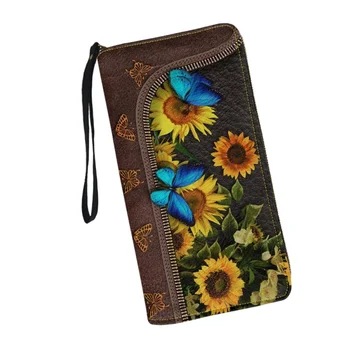 Belıdome Kelebek Ayçiçeği Kadınlar Sevimli Cüzdan Seyahat Bileklik PU Deri Zip Uzun Çanta Kredi kart tutucu el çantası