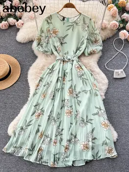 İlkbahar Sonbahar Bohemian Kadınlar Batik Baskılı Pilili uzun elbise Boho O Boyun Puf Kollu Yüksek Bel Dökümlü Maxi Vestido Yeni