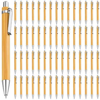 90 Adet Bambu Kalem Geri Çekilebilir Tükenmez Kalem Siyah Mürekkep 1 mm Sürdürülebilir Kalemler Yazma Ofis Ürünleri Ahşap Tükenmez Kalem