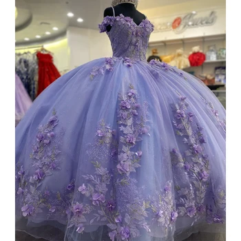 Lavanta Kapalı Omuz Quinceanera Elbiseler Kollu 3D Çiçek Aplikler Kristal Tatlı 15th Balo Parti Törenlerinde Lüks Vestidos