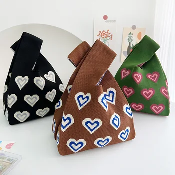 Japon Tarzı Moda Kalp Şekli Desen Örgü Tote Çanta Retro kadın Çanta Tasarımcısı Kadın Dokuma Alışveriş Çantası Seyahat Çantası