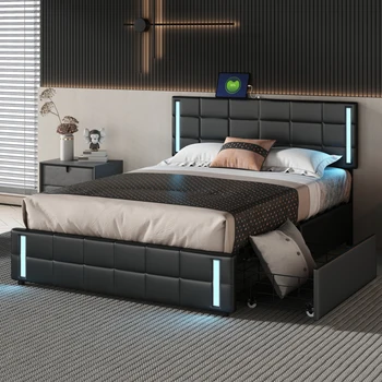 Siyah Kraliçe Döşemeli platform yatağı w / LED ışıkları ve USB Şarj, depolama yatağı w / 4 Çekmeceli,kapalı yatak odası mobilyası