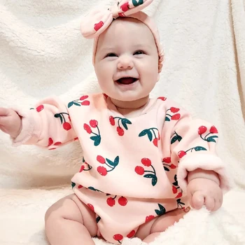0-24M Bebek Kız Kiraz Romper Pamuk Bebek Çocuk Uzun Kollu Tulum + Kafa Bandı 2 Adet Set Bahar Sonbahar Giysileri