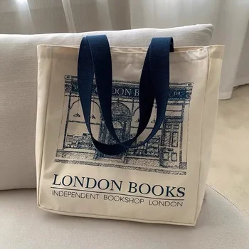 Tuval omuzdan askili çanta Londra Kitap Baskı Kadın gündelik çanta Tote Çanta Kullanımlık Büyük Kapasiteli Pamuk Bayanlar Alışveriş Plaj Çantası