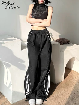 Whatiwear kadın Dipleri Popüler Y2K Moda Siyah ve Beyaz Çizgili Geniş Bacak Pantolon Moda Kat Uzunlukta Sokak Popüler modeller