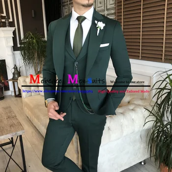 Koyu Yeşil Resmi Düğün Smokin Balo Takım Elbise Slim Fit Erkek Arkadaşı Moda Seti Blazer 3 Adet (Yelek + Pantolon + Ceket) terno Masculino
