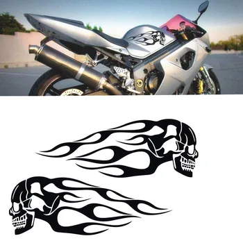 2 adet Evrensel Motosiklet Süslemeleri Kafatası Alev Çıkartması Gaz Tankı vinil yapışkan İçin Harley Honda Suzuki Kawasaki Touring