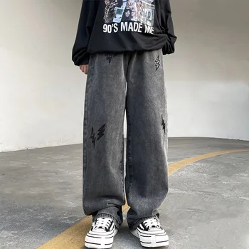 Erkek Kot Nakış Hip Hop Retro Gri Y2K Pantolon Streetwear Düz Baggy Geniş Pantolon Dipleri Artı Boyutu Erkek Giyim