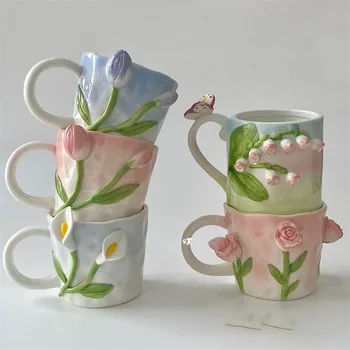3D Kabartma Tasarım Çiçekler El Boyama Seramik Kahve Kupa Kızlar İçin Kahvaltı Süt Suyu Japon Kore Kolu çay fincanları 350ml