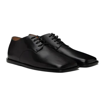 Siyah Kare Ayak Tek Katmanlı deri makosenler erkek ayakkabıları Sığır Derisi Erkekler Dantel-up Oxfords Ayakkabı Erkek Konfor Ofis rahat ayakkabılar