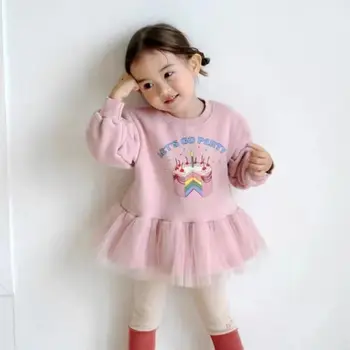 2023 Bebek Kız Bahar Sonbahar giyim Sevimli Kek Baskılı Pamuk Örgü Elbise Tayt Moda Çocuk Çocuk Vestidos Giyim Setleri