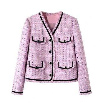 Bahar 2023 Yeni Vintage Moda Banliyö Mizaç Mor V Yaka Ceket Kadın Ceketler