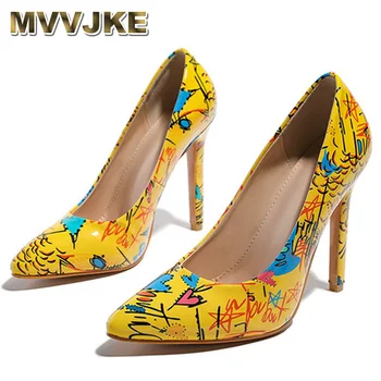 MVVJKE Kadın Pompaları Yüksek Topuklu Sivri Burun Bayan Ayakkabıları Moda Ofis Pu İnce Topuklu Boyalı Graffiti Kadın bağcıksız ayakkabı 2021