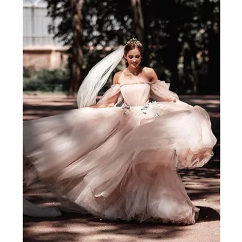 Kapalı Omuz Dantelli düğün elbisesi Illusion Kollu Vestido De Noiva Kısa Kollu gelinlikler Bahar