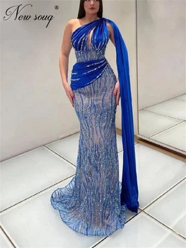 Sparkly Sequins Abiye Bir Uzun Omuz Zarif Kraliyet Mavi Mermaid Kadınlar Parti Elbise Arapça Dubai Düğün Balo Abiye