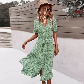 DUOFAN Kadınlar Plaj Boho yaz elbisesi 2023 Vintage Çiçekli Yüksek Bel Kısa Kollu Elbiseler V Yaka Tatil Tarzı Kadın Vestidos