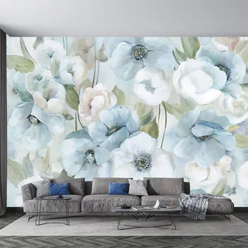 Özelleştirilmiş 3D duvar kağıdı mavi el boyalı çiçekler, duvar sticker oturma odası ve yatak odası için Ev Mobilya