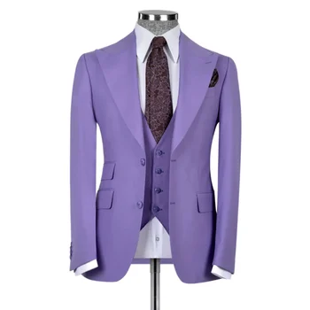 Yaz Lavanta Katı Erkek Takım Elbise Ceket Slim Fit 3 Parça / Resmi Yüksek Kaliteli Düğün Damat Giyim Smokin / Rahat Günlük Erkek Ceket Seti