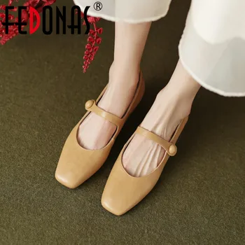 FEDONAS İlkbahar Sonbahar Kadın Pompaları Özlü Kare Ayak Hakiki Deri Düşük Topuklu Rahat Temel Elbise Ofis Ayakkabı Kadın 2023