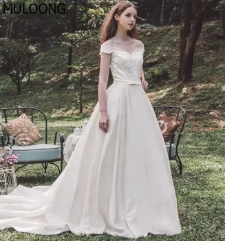 MULOONG Beyaz Zarif V Boyun Kolsuz Aplikler Bir Çizgi Uzun düğün elbisesi Plise Kat Uzunluk Sweep Tren Dantelli Yeni 2023