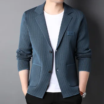 Bahar Yeni Üst Sınıf Yeni Marka Slim Fit Erkek Blazer Ceket Zarif Şık Örme Takım Elbise Çizgili Erkek Ceket Rahat Erkek Giysileri