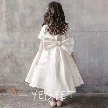 Beyaz Çiçek Kız Elbise Düğün V Yaka Kısa Kollu Büyük Yay Prenses Parti Kostüm Dantel Diz Boyu A-line Balo Elbise çocuklar İçin