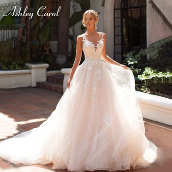 Ashley Carol A-Line düğün elbisesi 2022 Romantik Dantel Illusion Gelin Kıyafeti Seksi Sevgiliye Kolsuz Gelin Elbise Robe De Mariee