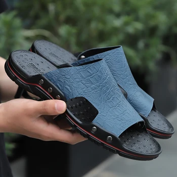 Yeni Hakiki Deri Büyük Boy Terlik erkek Sandalet yazlık terlik gündelik erkek ayakkabısı Rahat Ve Nefes Sandalet
