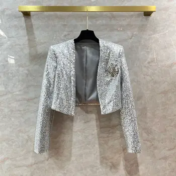 Yeni Ağır sanayi elmas kakma çiçek korsaj kaplı gümüş sequins Kısa ceket Boncuklu takım hırka