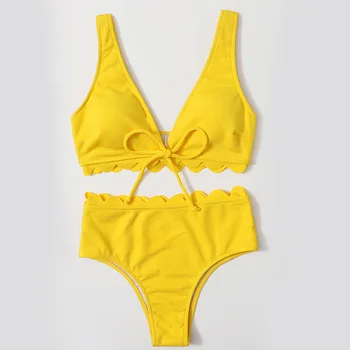 Yüksek Bel Bikini Mayo Kadınlar Mayo Nervürlü Seksi Bikini Kadın 2023 Sarı Mayo Yüksek Kesim Plaj Kıyafeti Yaz