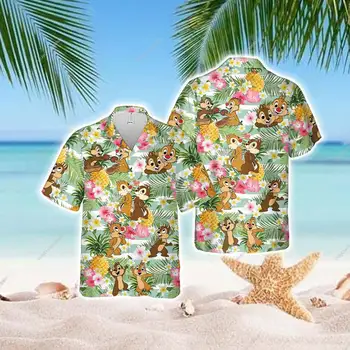 Çip Ve Dale Tropikal Hawaii Moda Yaz Kısa Kollu Erkek Gömlek Disney Çip N Dale havai gömleği Plaj Düğme Aşağı Gömlek