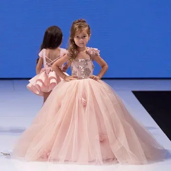 Prenses Pembe Dantel Çiçek Kız Elbise 2023 Büyük Yay Kat Uzunluk Kızlar Pageant Elbise İlk Communion Elbise