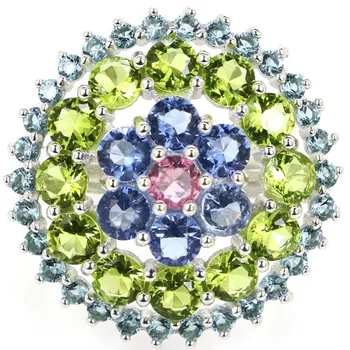 25x25mm Çok Renkli 5.0 g Yuvarlak Mavi Menekşe Tanzanit Londra Mavi Topaz Yeşil Peridot 100 % Gerçek 925 Katı Gümüş Yüzük