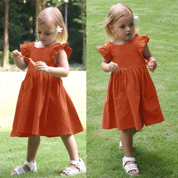 2-7 Yıl Yürüyor Bebek Kız Elbise Sinek Kollu Düz Renk Yaz Plaj Sundress Kızlar Prenses Elbiseler Çocuklar Parti Elbiseler
