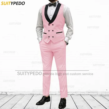 Moda Pembe Takım Elbise Erkekler için Slim Fit Balo Düğün Takım Elbise Yelek Pantolon 2 Adet Yelek Seti Resmi Smokin Erkekler için ( Yelek + Pantolon )