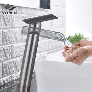 Krom banyo lavabosu Pirinç Musluk Havzası lavabo musluğu Şelale Bacalı Cam Banyo Vinç Soğuk ve Sıcak Su mikser Musluklar banyo muslukları