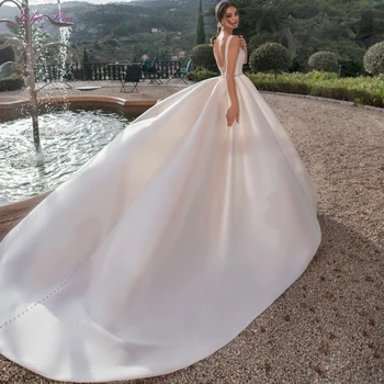 Julia Kui Zarif Basit Stil Bir Çizgi Gelinlik Boncuk Kristaller Kanat Parlak Saten Prenses Gelin Elbise