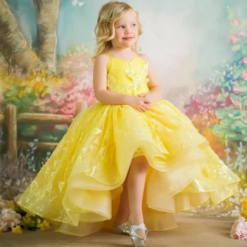 Sarı Dantel Çiçek Kız Elbise Düğün İçin Parti Sapanlar Pageant Törenlerinde Kolsuz Tül Aplike Kat Uzunluk Çocuklar
