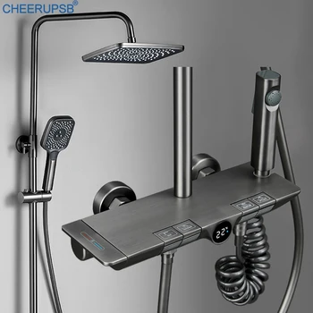 LED Dijital Duş Seti Sıcak Soğuk Mikser Duş Sistemi Banyo Termostatik SPA Yağmur Güz Dokunun Küvet Kare Kafa Banyo Gri Musluk