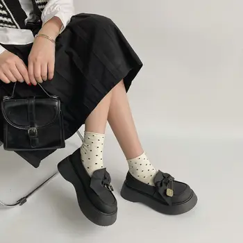 Siyah Retro İngiliz Tarzı Pompalar Pu deri ayakkabı kadın İlkbahar Yaz Yeni Basit Temel Yuvarlak Ayak moda ayakkabılar Platformu Zapatos