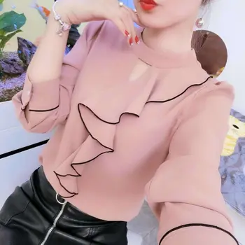 Bluz Kadın 2023 İlkbahar / Yaz Kore Kadınlar Uzun Kollu Şifon Gömlek Üst Alt Ruffled Kenar Çok Yönlü Mizaç Gömlek