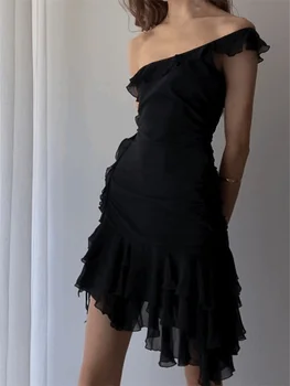 CHRONSTYLE Kadın Y2K Kapalı Omuz tek kemerli elbise Kolsuz Düzensiz Hem Ruffles Kısa Mini Elbise Seksi Kadın Vestidos 2023