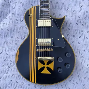 ESP eski all-in-one elektro gitar, sarı desen siyah gövde, LP pikap, LP köprü, siyah koruma, 4 ses düğmesi+1 üç yaptı