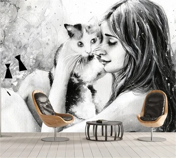 beibehang Modern moda yeni duvar kağıdı siyah ve beyaz el-boyalı kadın ve kedi oturma odası arka plan duvar özel duvar