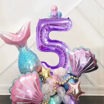 33 Adet Yeni Mermaid Temalı bebeğin İlk Doğum Günü Partisi Pembe Fishtail Mor Numaraları 1-9 Sahne Düzeni