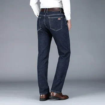 2023 Kış Yeni erkek Sıcak Kot İş Moda Klasik Tarzı Siyah Mavi Kot Düz Polar Kalın Pantolon Erkek Marka Pantolon